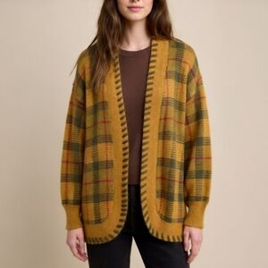 Mustard Plaid Open-Front Women's Sweater Cardigan Wool Mohair